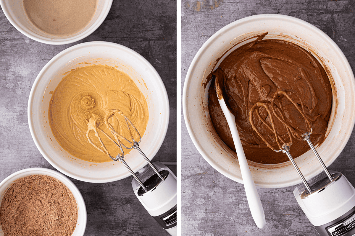 Two side-by-side photos showing baking in progress: on the left, a bowl with creamy tan batter and a mixer; on the right, a bowl with chocolate batter, a spatula, and the same mixer, with bowls of ingredients nearby.