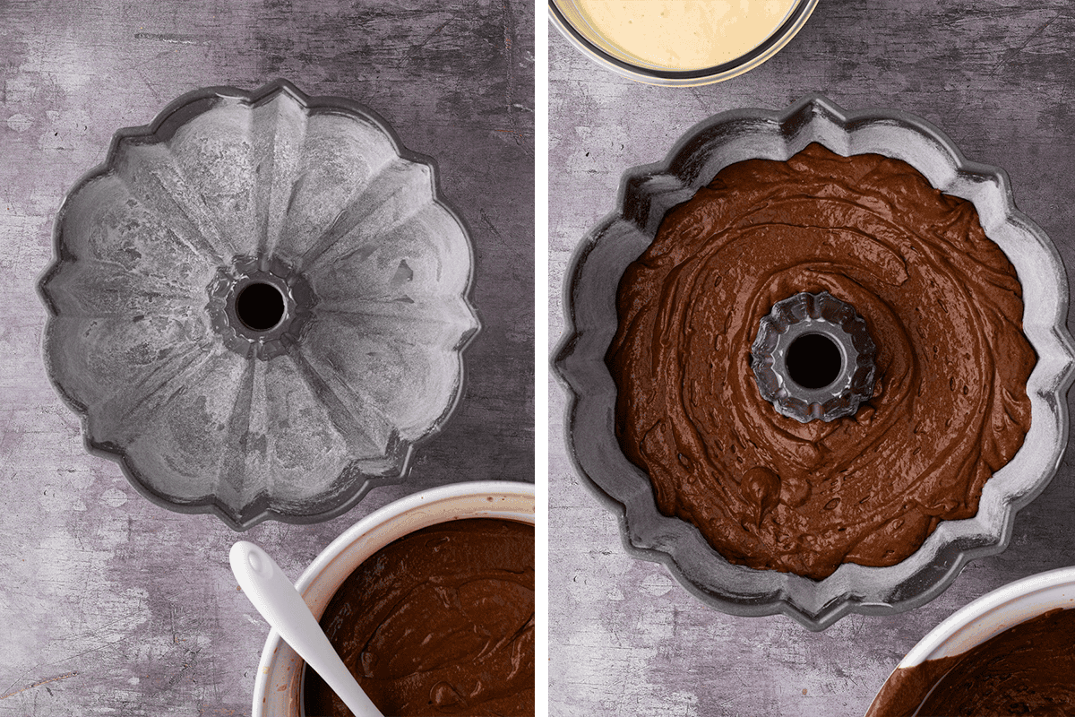 A split image showing an empty, greased Bundt cake pan on the left, and the same pan half-filled with chocolate cake batter on the right. Mixing bowls are partially visible at the bottom and top edges.