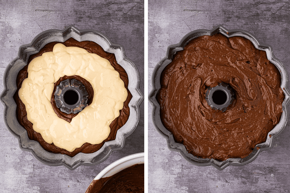 Side-by-side images of a Bundt pan: the left shows chocolate cake batter with a layer of pale cream cheese filling, and the right shows the pan filled completely with chocolate batter, ready to bake.