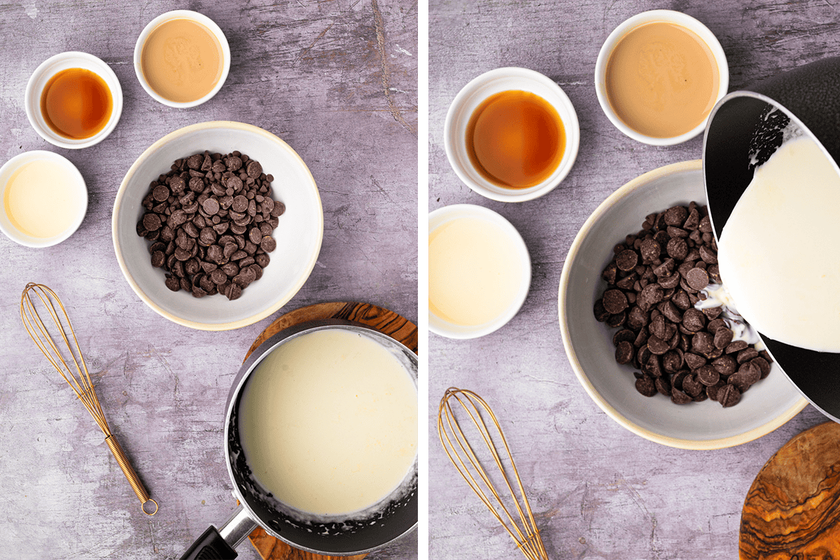 Two images side by side: bowls with chocolate chips, cream, vanilla, and a whisk. In the second image, hot cream is being poured from a saucepan over the chocolate chips.