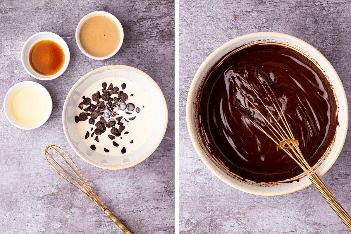 Two side-by-side images: on the left, bowls with vanilla, liqueur, cream, and a bowl of cream with chocolate chips and a whisk; on the right, a smooth chocolate mixture in a bowl with a whisk.