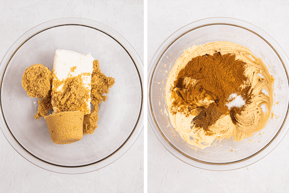 How to Make Cinnamon Pie Combining cream cheese and brown sugar in a bowl; then mixing in cinnamon, vanilla, nutmeg, and salt to the smooth cream cheese and brown sugar mixture.