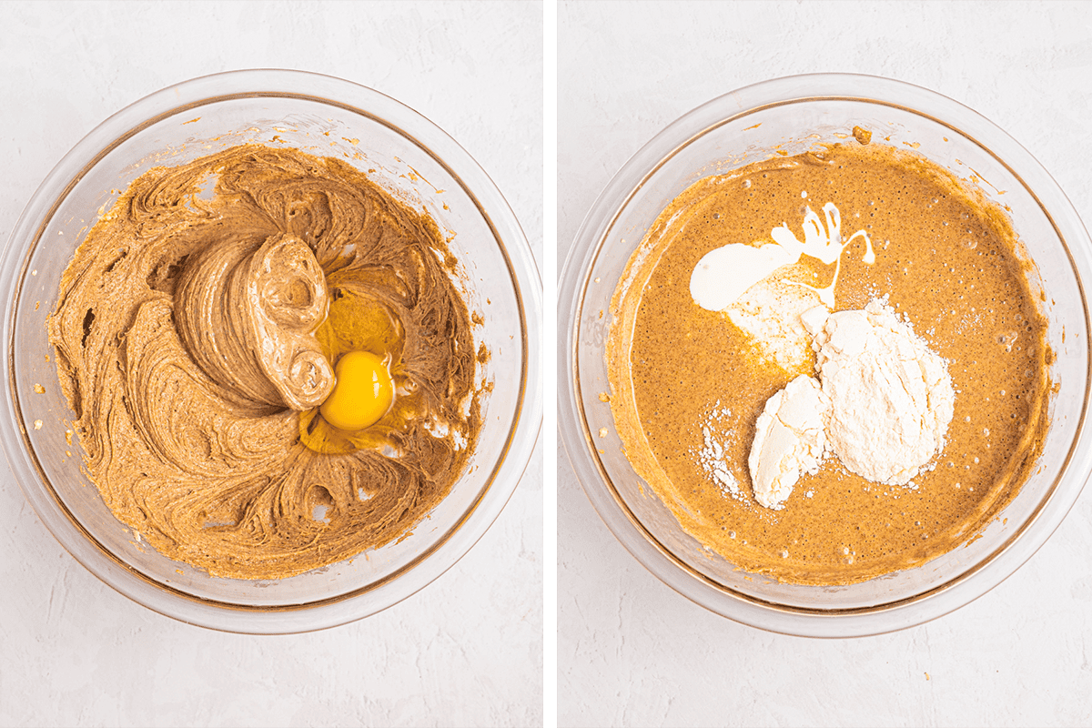 How to Make Cinnamon Pie Beating in eggs into the filling, then adding cream and flour into the filling in a bowl.