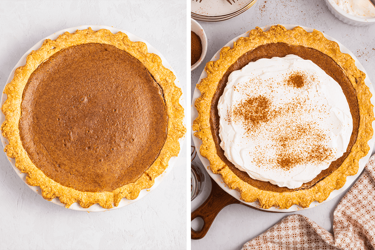How to Make Cinnamon Pie Baked cinnamon pie in a pie dish; chilled cinnamom pie topped with whipped cream and a sprinkle of cinnamon in a pie dish.