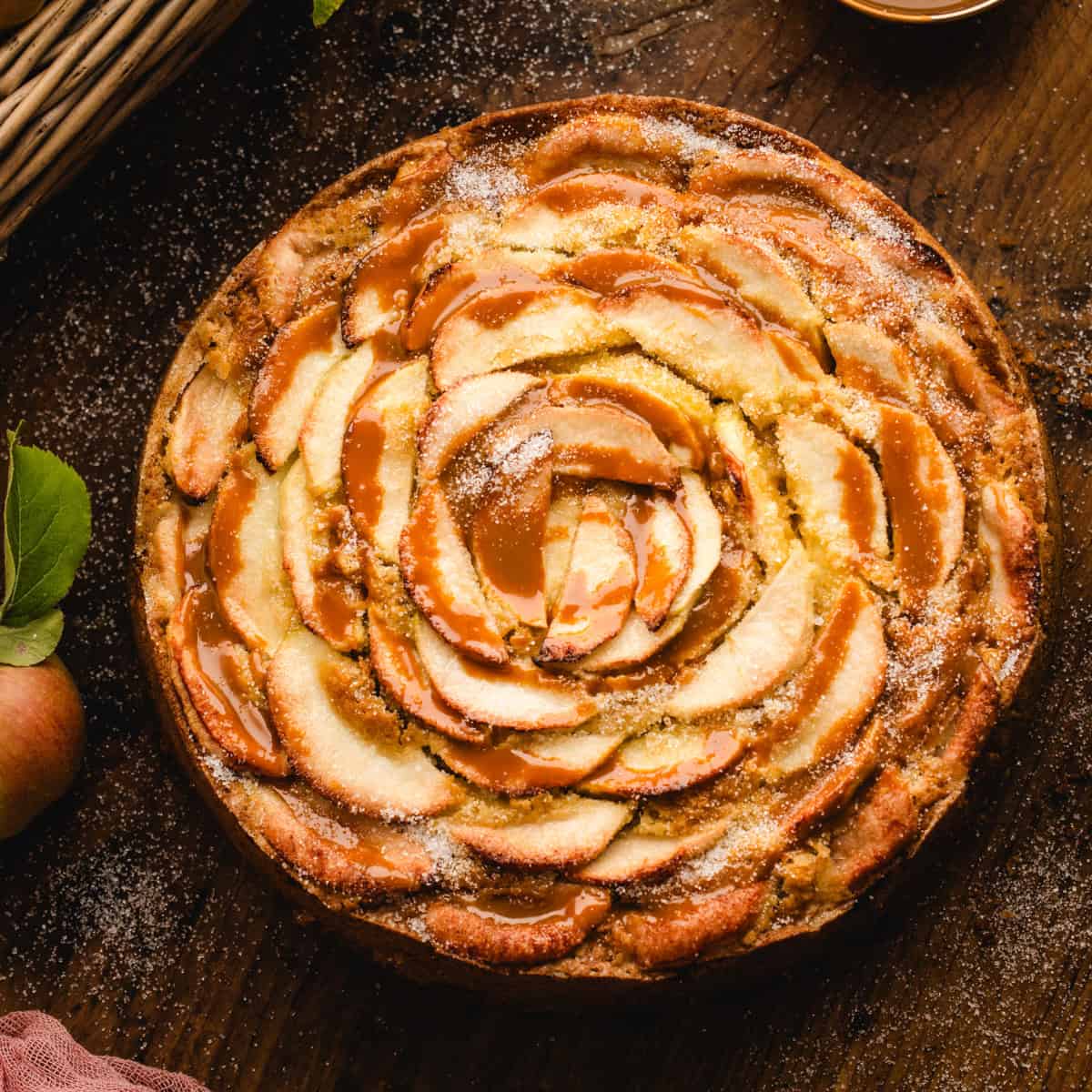 German Apple Cake drizzled with caramel sauce.