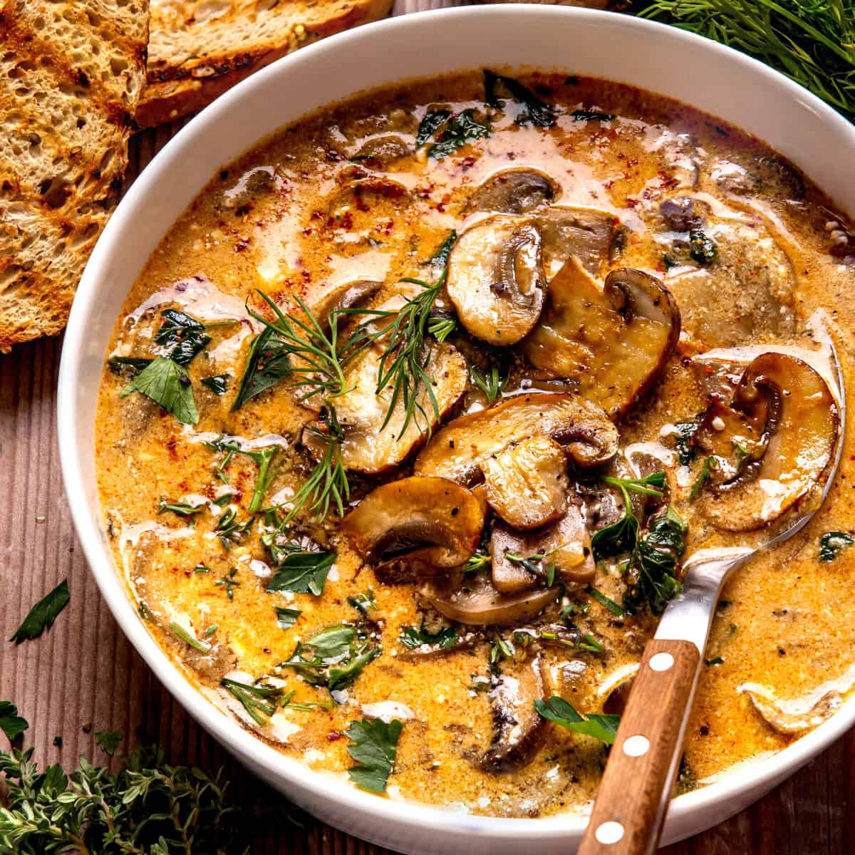 Hungarian Mushroom Soup in a bowl.