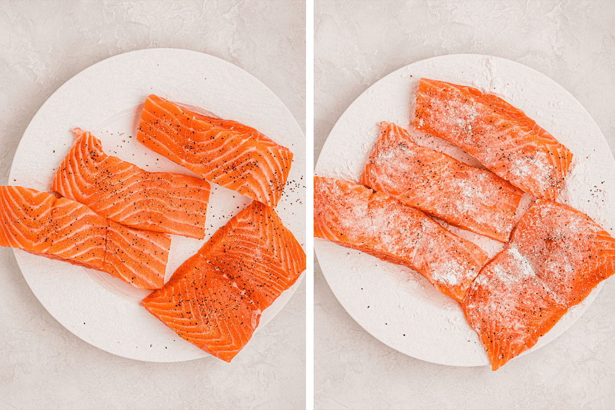 Two plates with raw salmon fillets: the left plate shows them seasoned with black pepper, and the right plate shows them sprinkled with flour, all displayed on a light-colored surface.