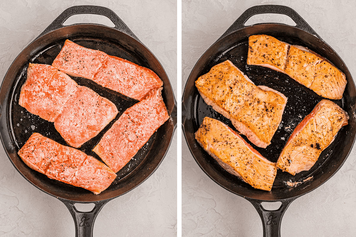 Two side-by-side photos of a cast iron skillet with four salmon fillets. Left: raw, seasoned salmon. Right: the same salmon fillets seared and cooked, showing a golden-brown color.