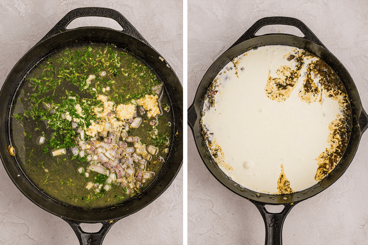 Two black skillets on a light surface: the left skillet contains chopped herbs, garlic, and chopped onions in broth; the right skillet contains cream being added, with remnants of the herb mixture around the edges.