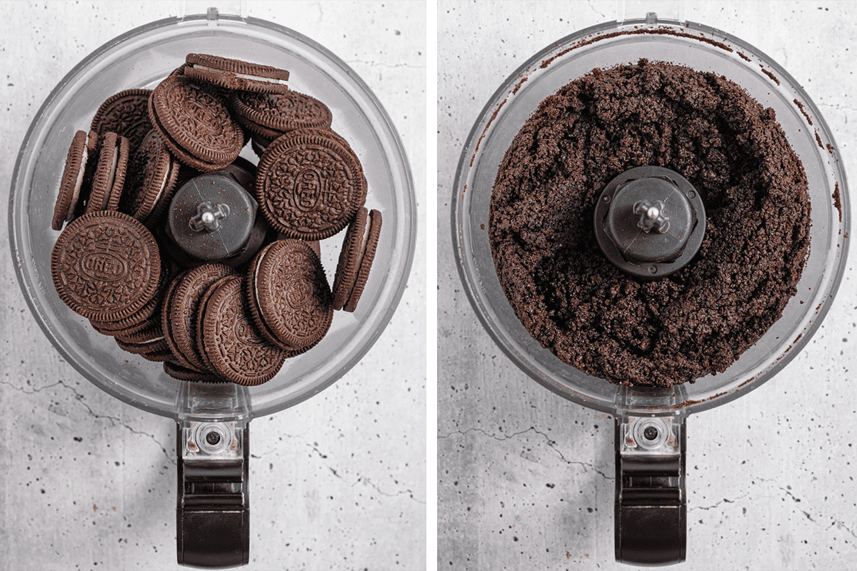 Adding oreos to the food processor, then crushing oreos and blending them with melted butter until clumpy.