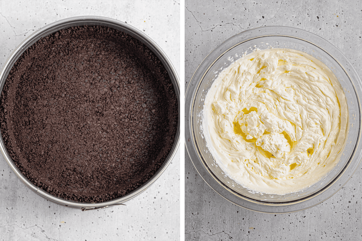 Pressing the oreo crust crumbs into the pan bottom; then whipping heavy cream until stiff in a bowl.