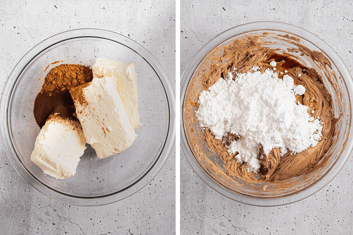 Combining cream cheese, cocoa powder, and espresso powder in a bowl; then beating them until smooth and mixing in powdered sugar and vanilla in a bowl.