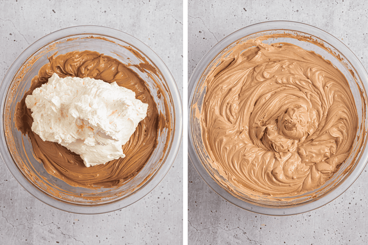 Folding in the whipped cream into the cheesecake filling until smooth in a bowl.