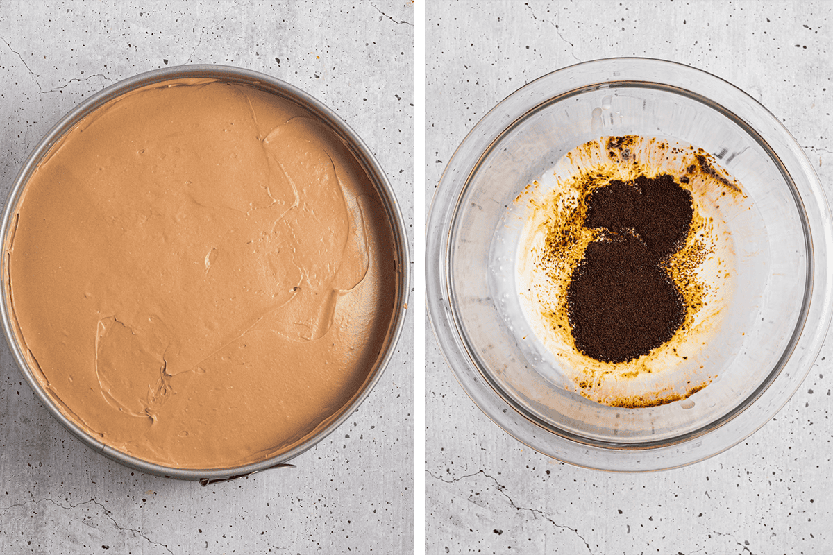 Spreading mocha cheesecake filling over the oreo crust in a pan; then mixing together cream and espresso powder in a bowl.