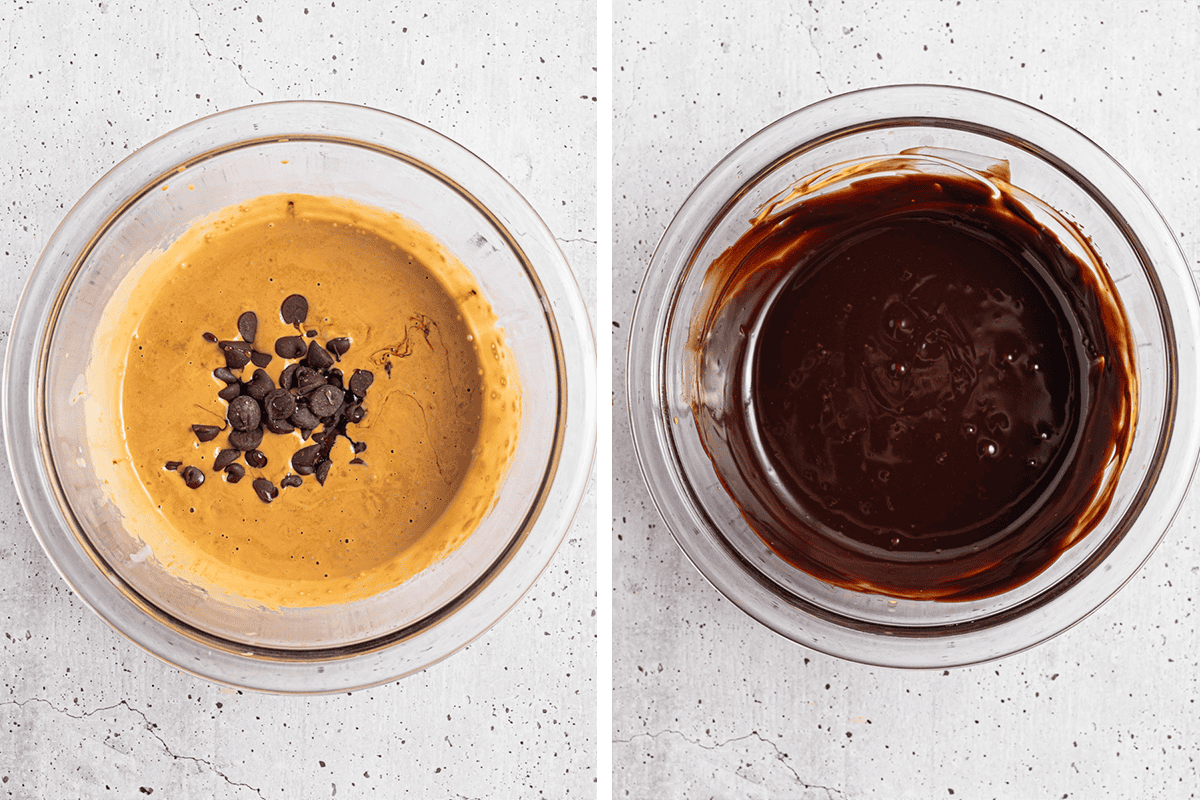 Adding chocolate chips to the hot mixture of cream and espresso powder in a bow, and letting it sit and stirring until smooth and chocolaty.