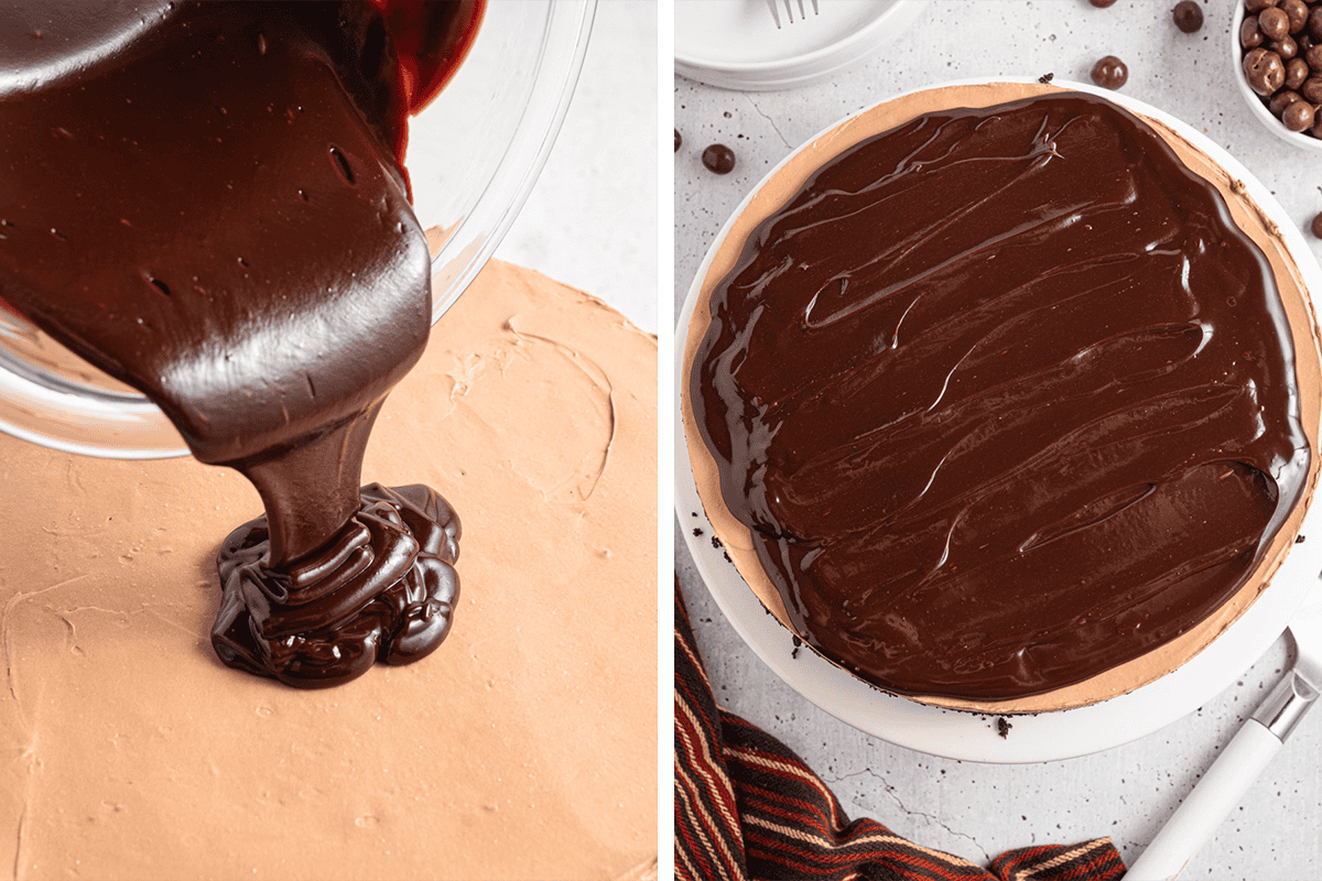 Pouring the chocolate ganache over cheesecake, and then letting the mocha cheesecake rest on a cake stand.