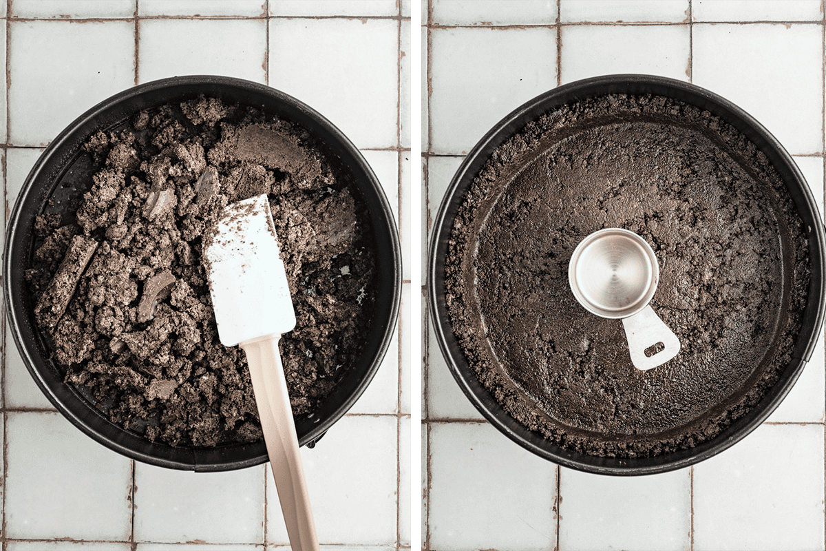 How to Make Mudslide Pie (Step-by-Step Photos) Two images side by side show a cake pan with crumbly chocolate crust and a spatula on the left, and the same pan with the crust evenly pressed using a metal measuring cup on the right.