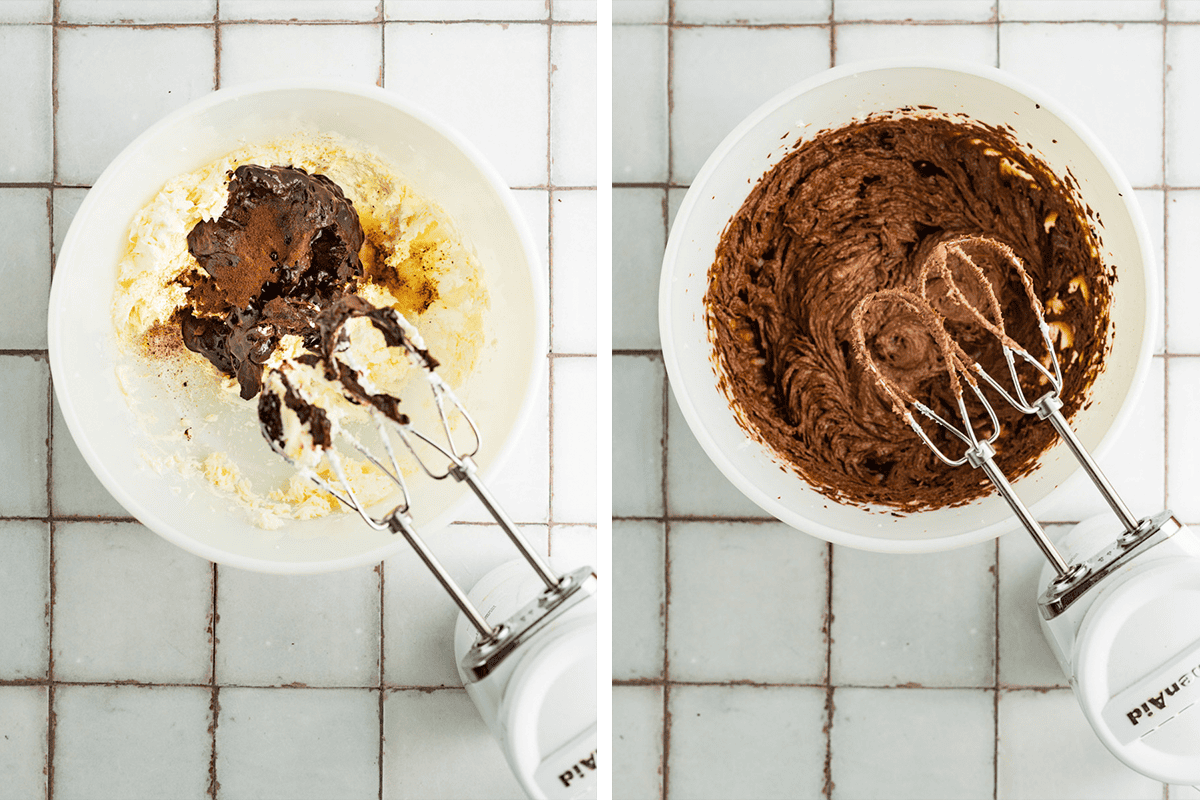 How to Make Mudslide Pie (Step-by-Step Photos) Two side-by-side images of a white bowl on a tiled surface; the left shows whipped cream cheese, Kahlúa, espresso powder, and vanilla with a hand mixer, and the right shows the mixture blended into chocolate batter with the mixer still in the bowl.