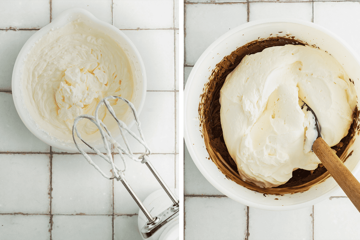 How to Make Mudslide Pie (Step-by-Step Photos) Split image: On the left, a hand mixer with beaters in a bowl of whipped cream. On the right, whipped cream being folded into chocolate mixture in a white bowl with a wooden spatula. Both bowls sit on a tiled surface.