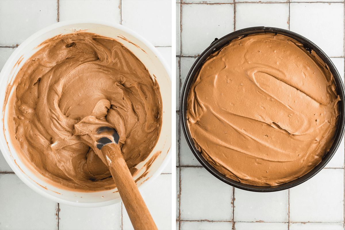 How to Make Mudslide Pie (Step-by-Step Photos) Side-by-side images: left shows a bowl of smooth chocolate mixture with a spatula, right shows the chocolate mixture spread evenly in a round cake pan, both on a white tiled surface.