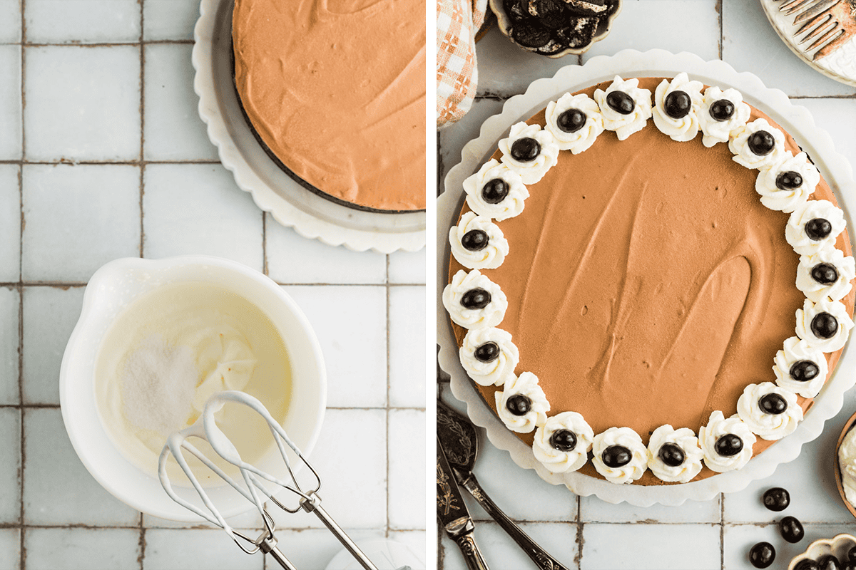 How to Make Mudslide Pie (Step-by-Step Photos) Split image: Left side shows a bowl of whipped cream, Baileys, sugar, and a hand mixer next to a chocolate pie. Right side shows the pie decorated with whipped cream and chocolate-covered espresso beans around the edge of the pie.