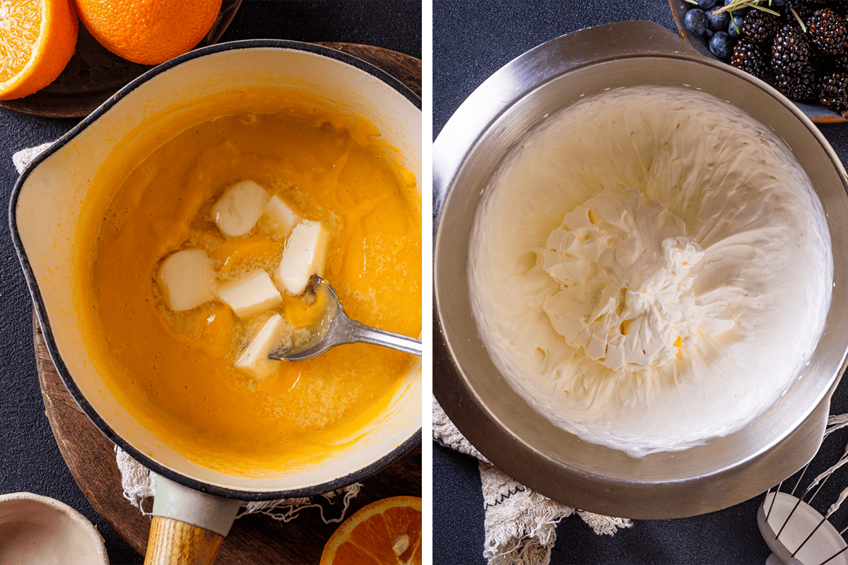 How to Make Pavlova (step-by-step photos) Side-by-side images: on the left, a pot of orange curd with butter cubes being stirred in; on the right, a metal bowl with whipped cream, smooth and stiff.