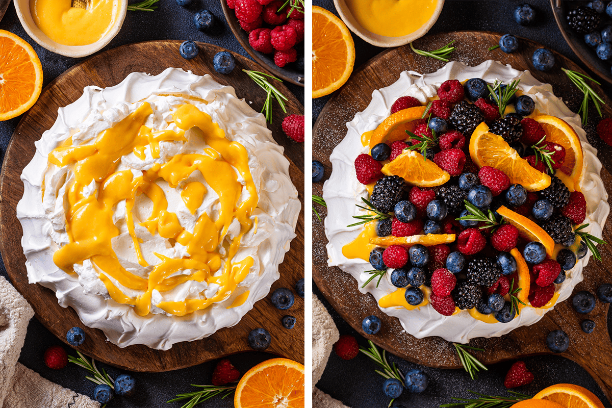 How to Make Pavlova (step-by-step photos) Side-by-side images of a pavlova: the left shows a meringue base topped with orange curd sauce; the right shows the pavlova decorated with mixed berries, orange slices, and rosemary sprigs.