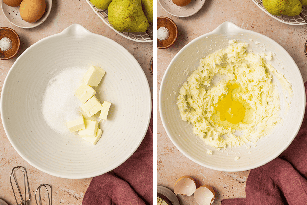How to Make Pear Cake Add butter and sugar to a bowl, then beat until fluffly and add eggs.