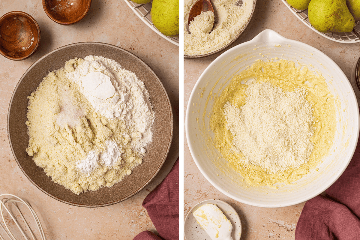 How to Make Pear Cake Whisking almond flour, all-purpose flour, baking powder, salt in a separate bowl; then adding dry ingredients into the bowl with the wet ingredients.