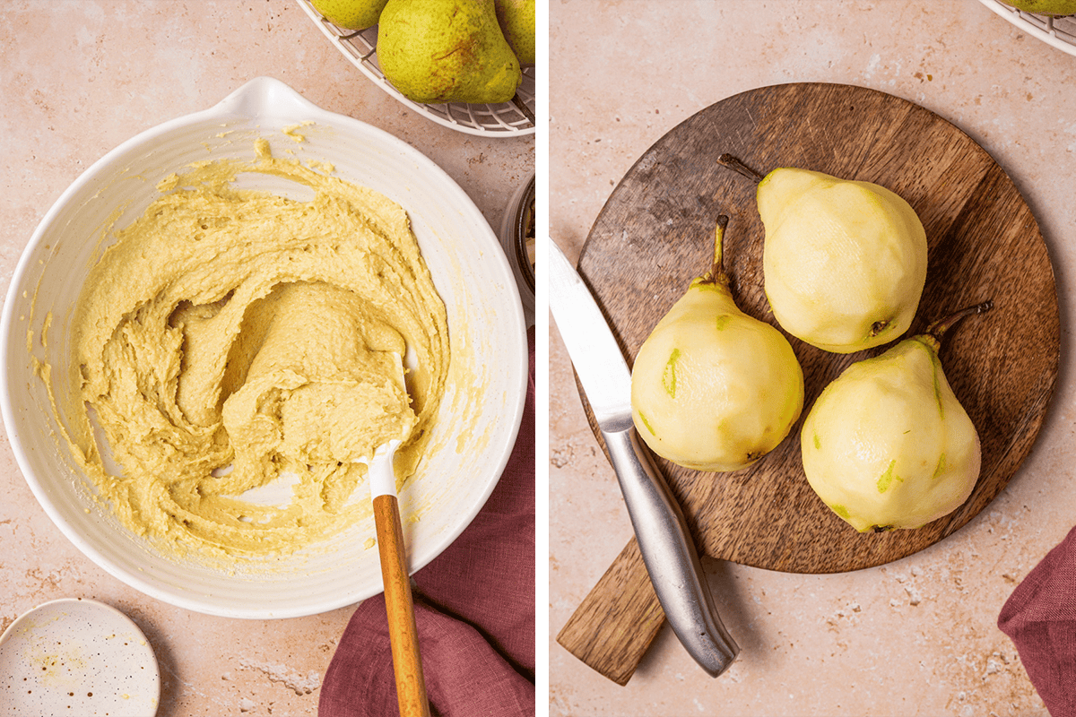 How to Make Pear Cake Mixing the cake batter just until combined in a bowl, then peeling 3 pears on a round wooden cutting board.