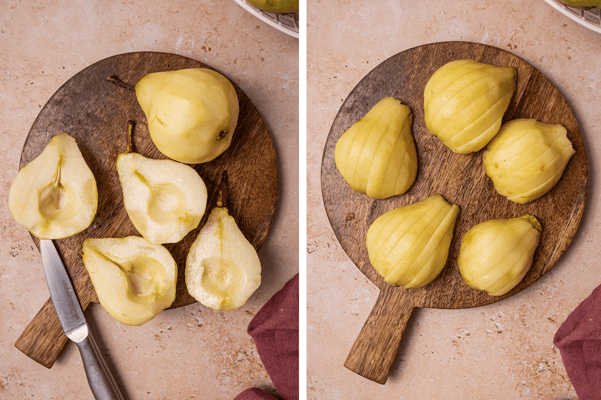 How to Make Pear Cake Coring 3 pears on a round wooden cutting board and then thinly slicing them.