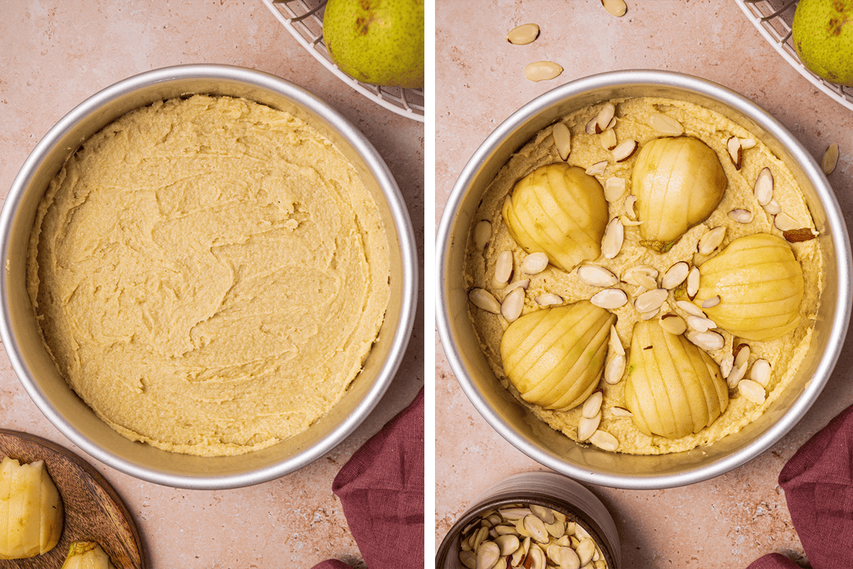 How to Make Pear Cake Spreading the cake batter in a round 8-inch pan; then arranging the pear slices nested on top in a circular pattern and sprinkling the sliced almonds over the batter.