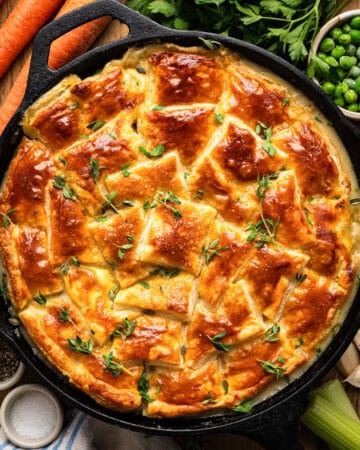 Puff Pastry Chicken Pot Pie in a cast iron skillet.