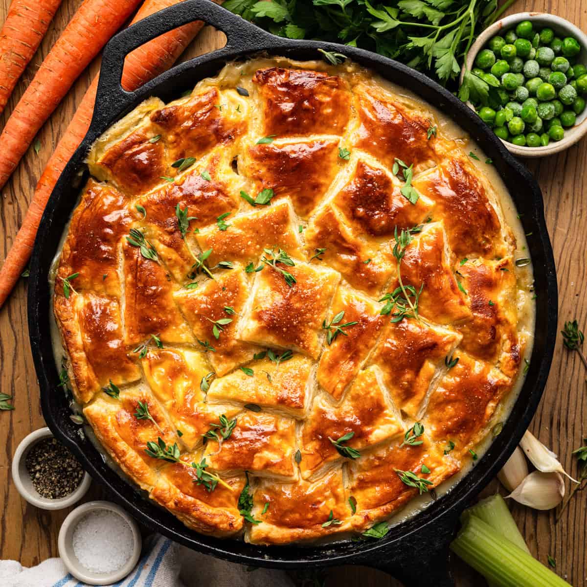 Puff Pastry Chicken Pot Pie in a cast iron skillet.