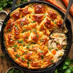Puff Pastry Chicken Pot Pie in a cast iron skillet.