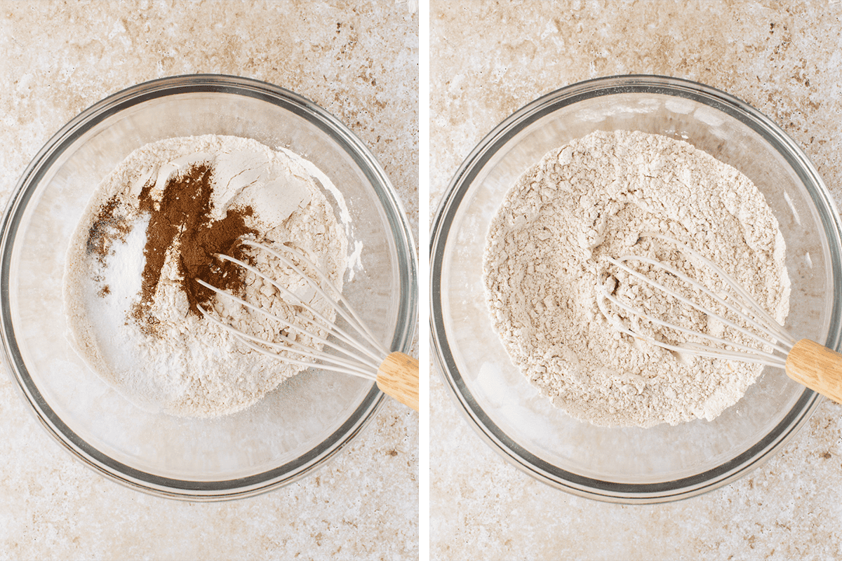 How to Make Pumpkin Chocolate Chip Muffins (Step-by-Step Photos) Two glass bowls with flour and spices. Left: flour and brown spices before mixing. Right: flour and spices blended together.