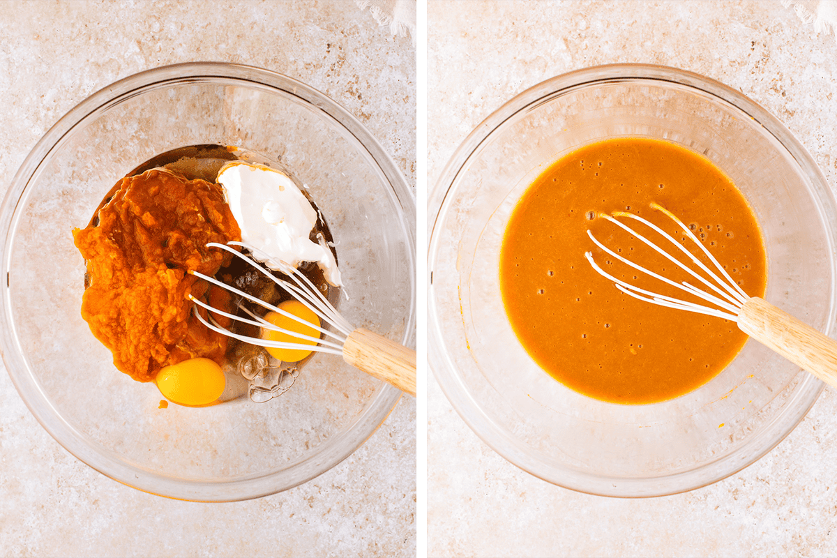 How to Make Pumpkin Chocolate Chip Muffins (Step-by-Step Photos) Two side-by-side images: left, a bowl with eggs, pumpkin puree, sour cream, and spices; right, the same bowl with the ingredients whisked into a smooth orange mixture.