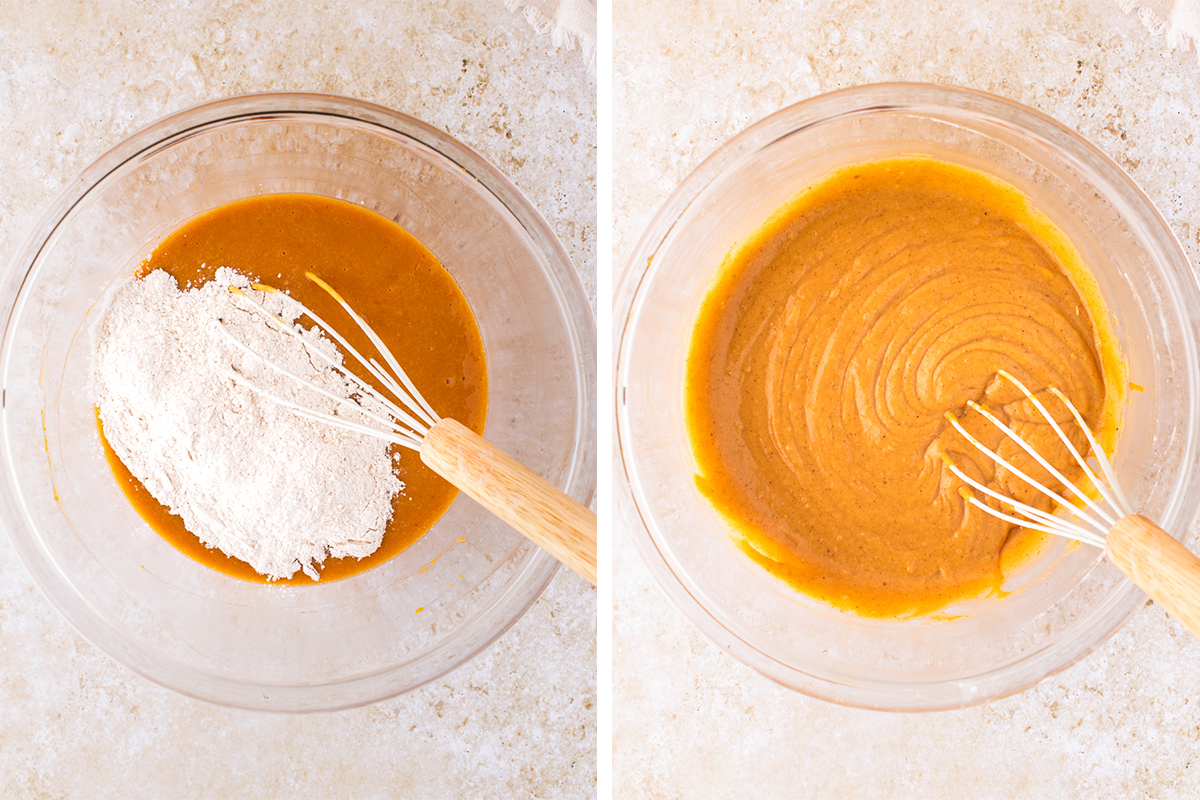 How to Make Pumpkin Chocolate Chip Muffins (Step-by-Step Photos) Two side-by-side images: left shows flour on top of pumpkin mixture in a glass bowl with a whisk; right shows the ingredients fully mixed into a smooth batter.