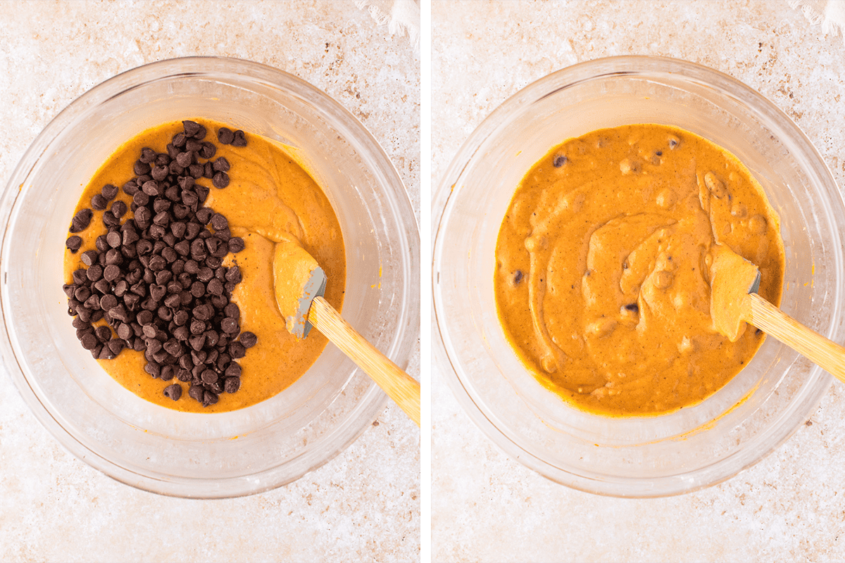 How to Make Pumpkin Chocolate Chip Muffins (Step-by-Step Photos) Side-by-side images show a glass bowl of pumpkin batter with chocolate chips on the left, and the same batter mixed together on the right, both with a spatula inside.