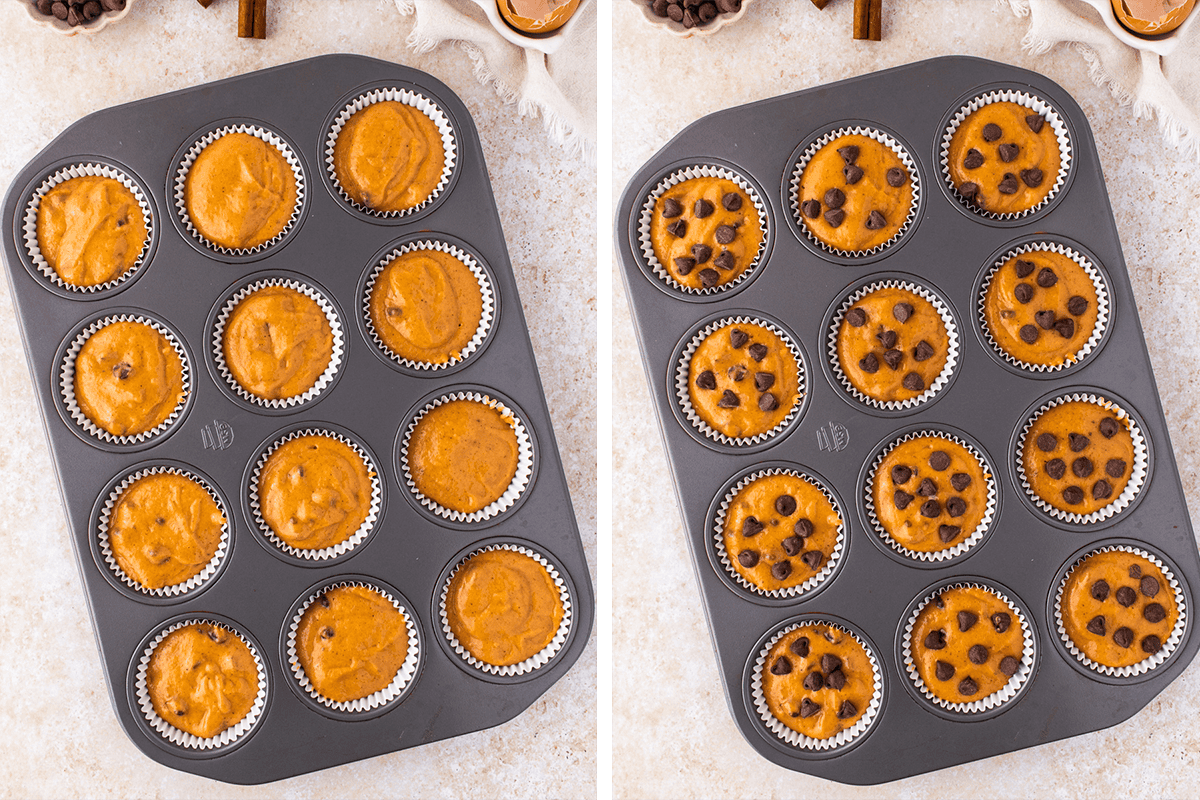 How to Make Pumpkin Chocolate Chip Muffins (Step-by-Step Photos) Split image: Left-muffin tin filled with pumpkin batter in paper liners. Right-same tin and batter, but each muffin topped with chocolate chips.