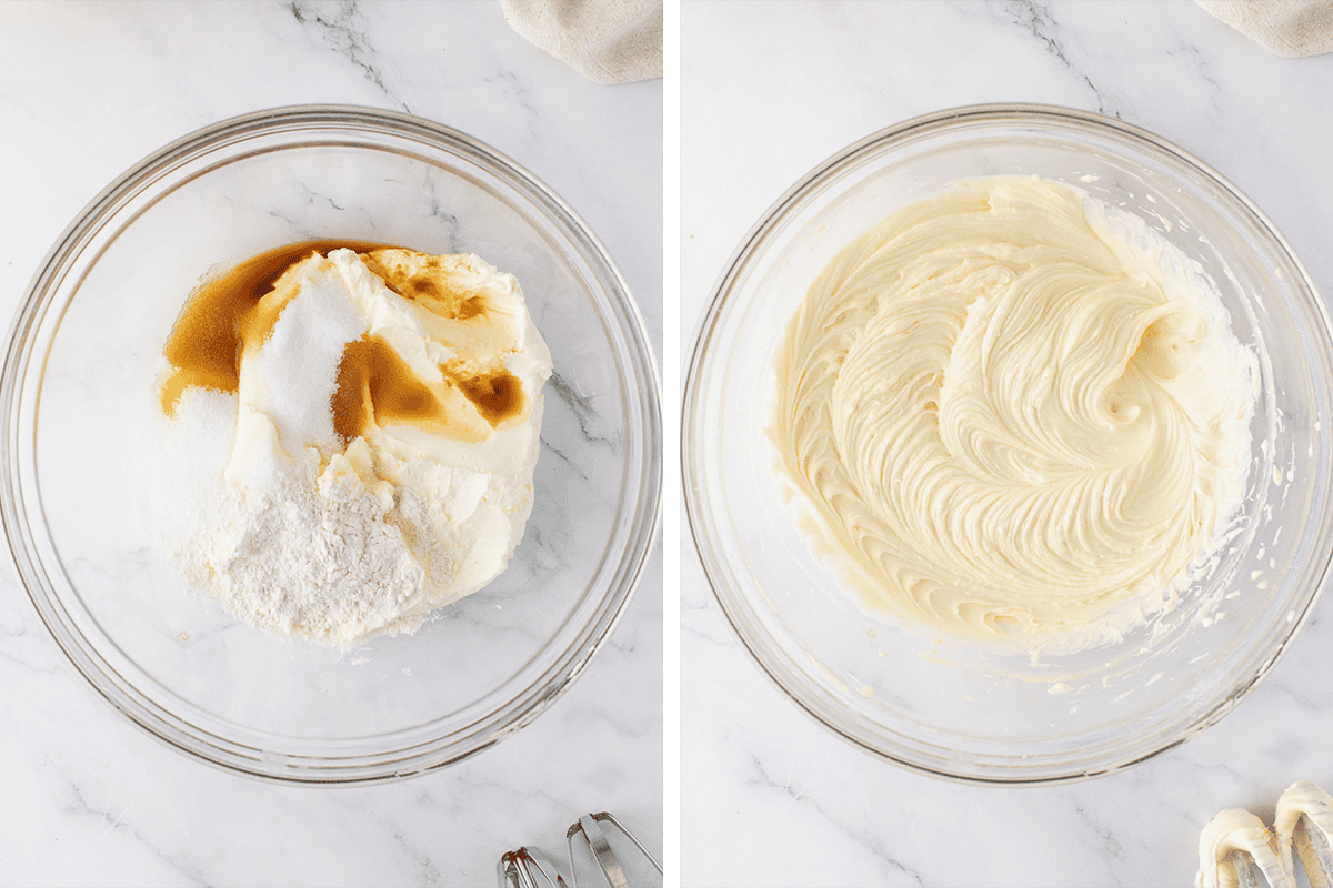 How to Make Pumpkin Cream Cheese Bread (Step-by-Step Photos) Side-by-side images: the left bowl holds cream cheese, sugar, and vanilla; the right bowl shows the mixture blended into a smooth, creamy texture.