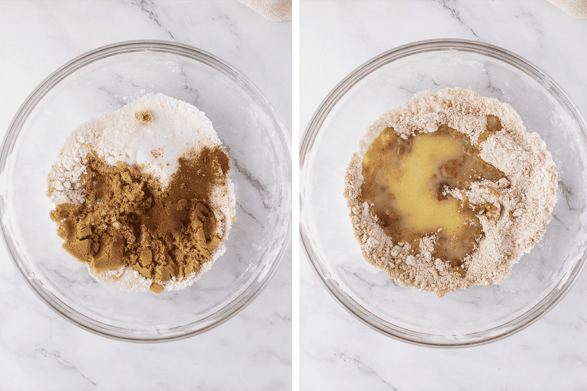 How to Make Pumpkin Cream Cheese Bread (Step-by-Step Photos) Two glass bowls with baking ingredients: left has flour, brown sugar, and spices; right has the same mixture plus melted butter poured in the center.