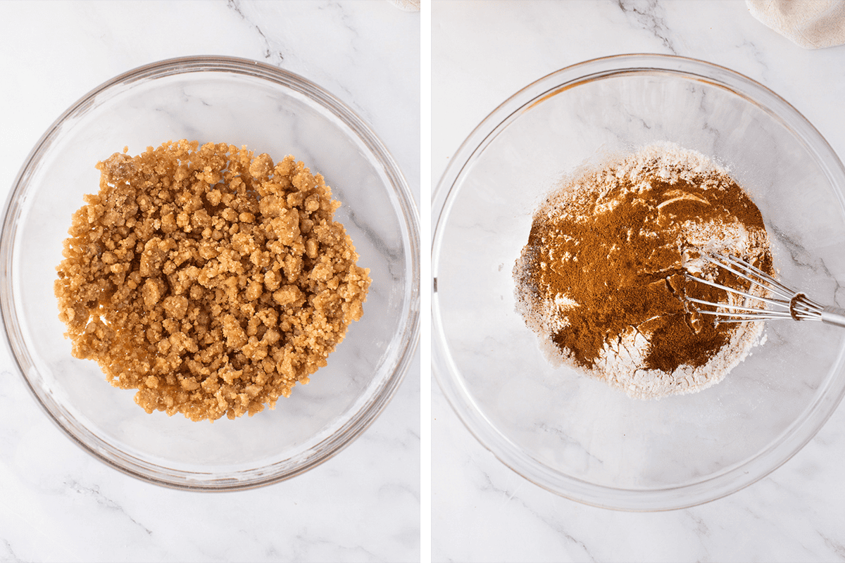 How to Make Pumpkin Cream Cheese Bread (Step-by-Step Photos) Two glass bowls on a marble surface: the left bowl contains a crumbly brown mixture, and the right bowl has flour and cinnamon being whisked together.