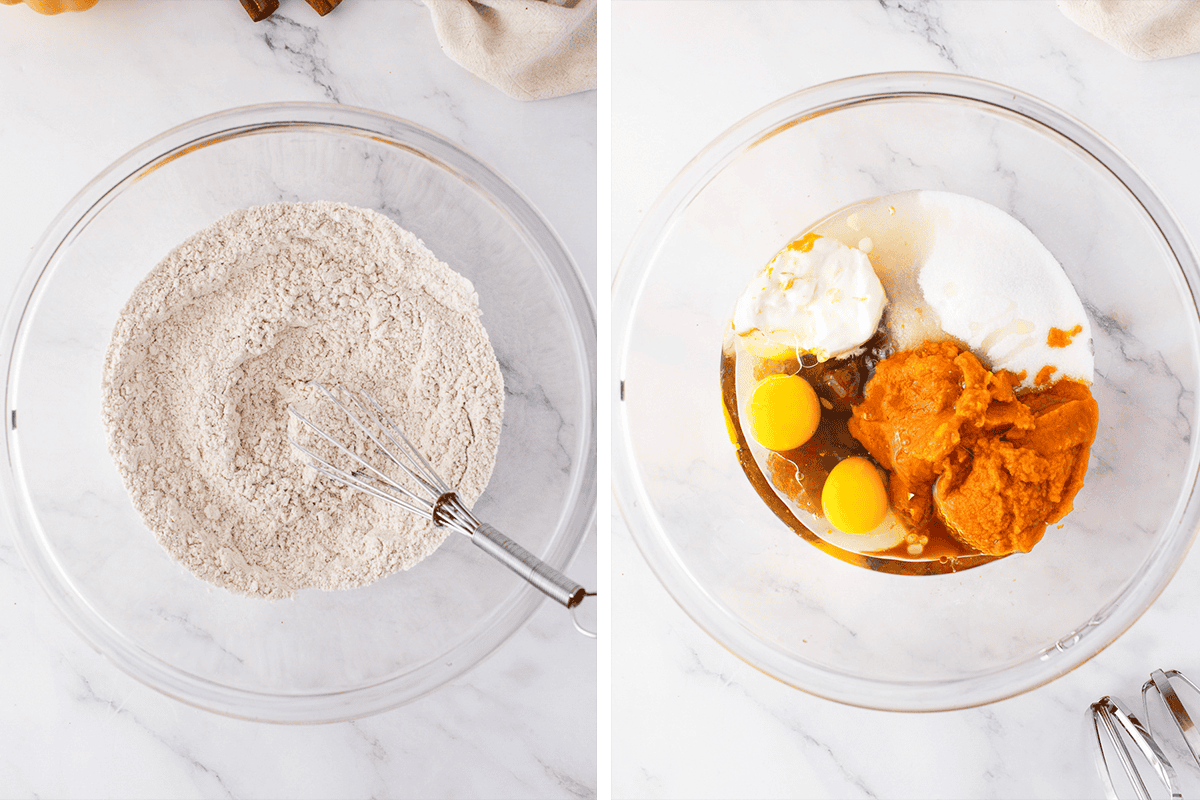 How to Make Pumpkin Cream Cheese Bread (Step-by-Step Photos) Two side-by-side bowls: the left contains whisked dry ingredients, while the right holds pumpkin puree, eggs, sugar, oil, and cream, ready to be mixed for baking.