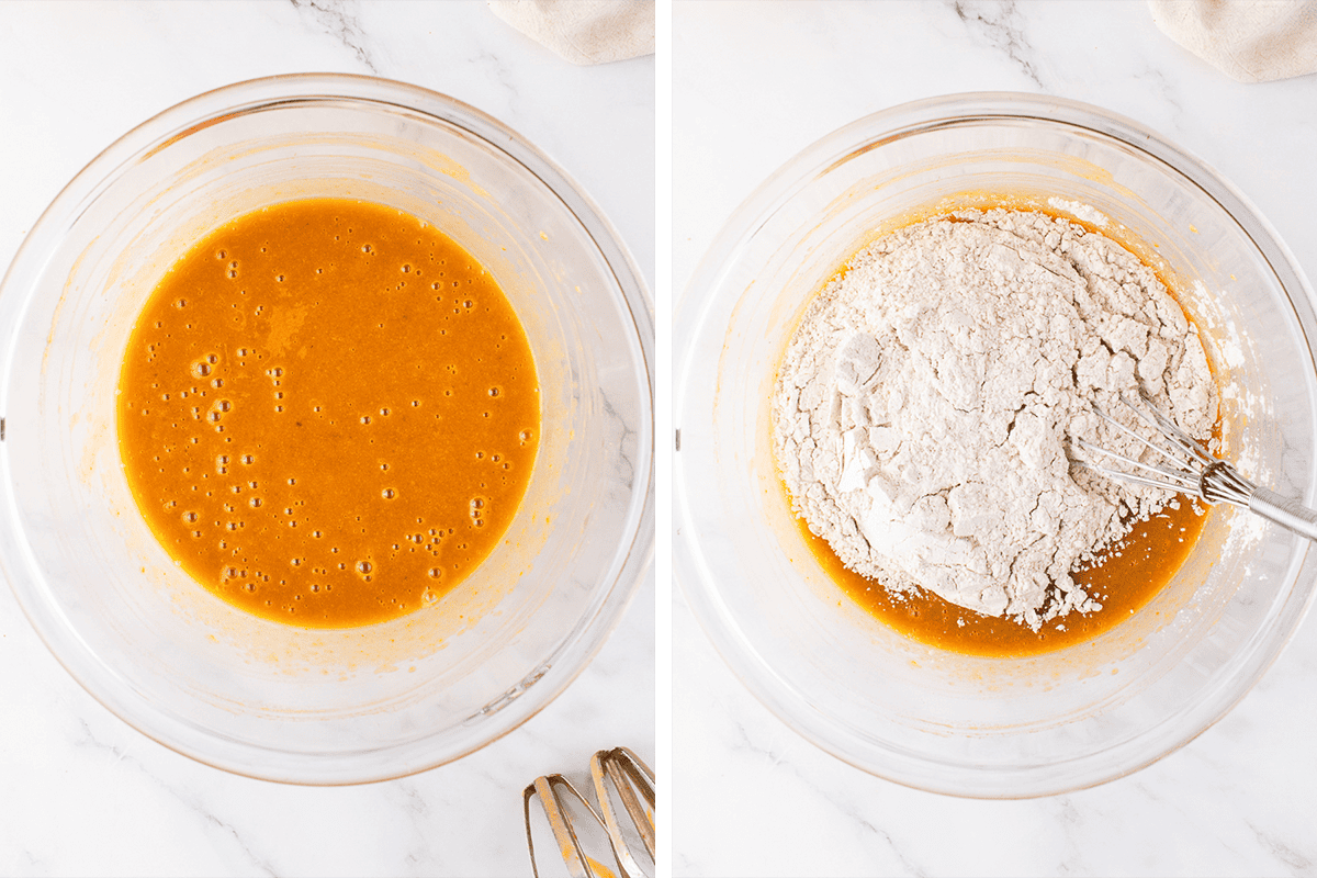 How to Make Pumpkin Cream Cheese Bread (Step-by-Step Photos) Two glass bowls: the left shows a whisked orange liquid mixture, and the right shows flour added on top of the same mixture with a whisk partially submerged.