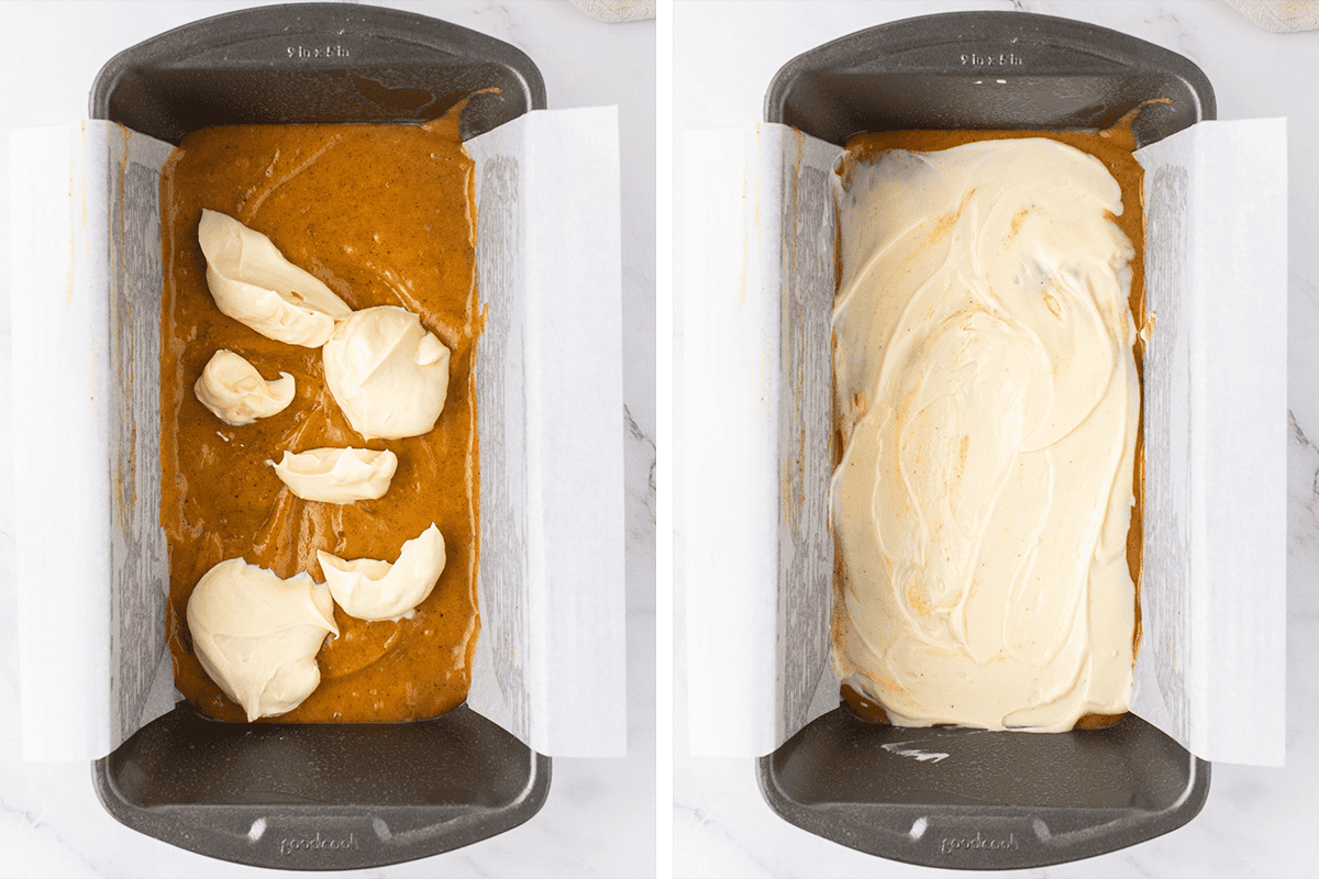 How to Make Pumpkin Cream Cheese Bread (Step-by-Step Photos) Two loaf pans with parchment paper: the left shows dollops of cream cheese on pumpkin batter, and the right shows the cream cheese layer spread evenly over the batter.