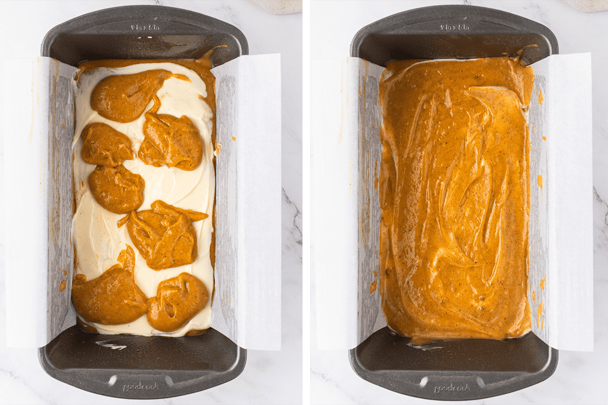 How to Make Pumpkin Cream Cheese Bread (Step-by-Step Photos) Side-by-side images of a loaf pan with white and orange batter swirled (left) and then smoothed together (right).