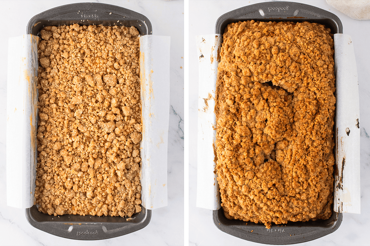 How to Make Pumpkin Cream Cheese Bread (Step-by-Step Photos) Two side-by-side pans of crumb cake: the left shows an unbaked cake with crumb topping, while the right shows the same cake after baking, golden and slightly cracked on top.