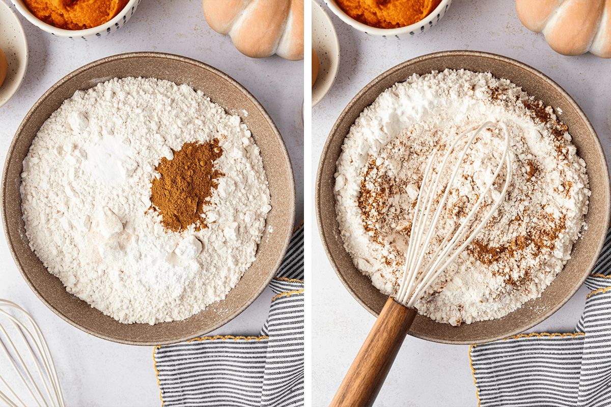 How to Make Pumpkin Spice Donuts (Step-by-Step Photos) Side-by-side images: a bowl of flour, baking powder, and spice, next to the same bowl with the ingredients partially mixed by a whisk.