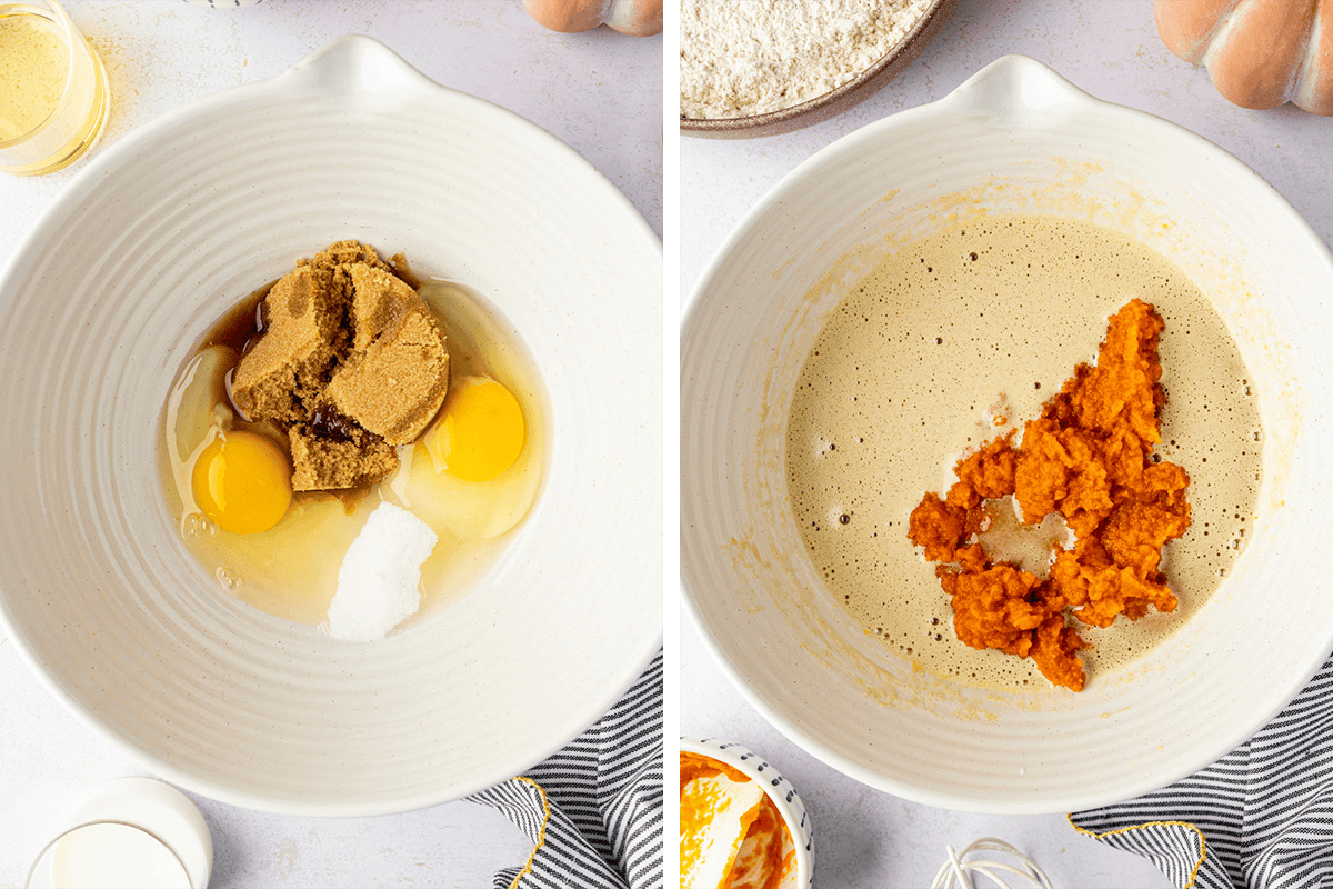 How to Make Pumpkin Spice Donuts (Step-by-Step Photos) Two white bowls: left shows eggs, brown sugar, and vanilla before mixing; right shows blended wet mixture with pumpkin puree added but not yet mixed.